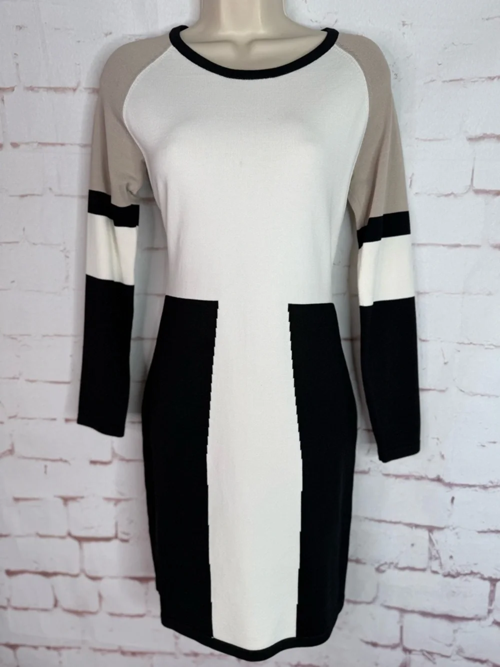 CALVIN KLEIN M Petite Colorblock Knit Long Sleeve Dress Black Taupe Cream MP - Picture 14 of 15